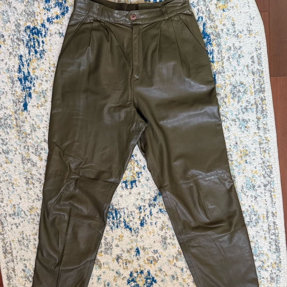 Olive Green Genuine Leather Pants